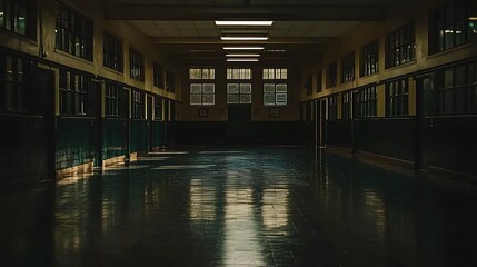An empty black room with moody overhead lighting, highlighting the emptiness of the space and casting intriguing patterns of shadow on the walls.