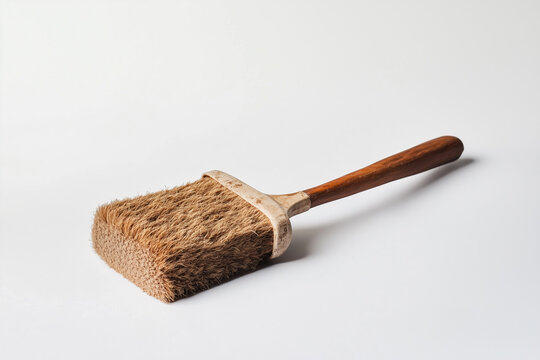 Isolated cleaning brush, wooden tool with bristles for household work, on white