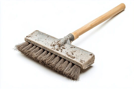 Isolated cleaning brush, wooden tool with bristles for household work, on white