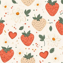 Seamless pattern with cute strawberries and floral elements in soft pastel tones, ideal for children