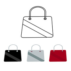 handbag vector icon there is a black handbag with light black stripe motif, light white with dark white stripe motif, dark red with red stripe motif.