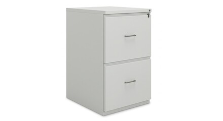 Light gray, two-drawer file cabinet, simple design, with metal handles and a lockable top