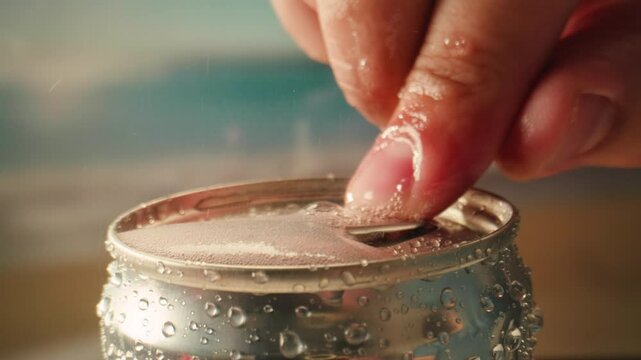 Opening soda or beer can, macro close up of can pull tab opening, watering refreshment, hand open lemonade or juice.