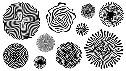 Set of liquid shapes with reaction diffusion effect. Organic forms with inky flowing lines and natural growth pattern. Collection of abstract circular elements with fluid structures and unique texture