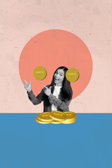 Vertical 3d poster art collage of happy businessman businesswoman stand bitcoin coin income miner...