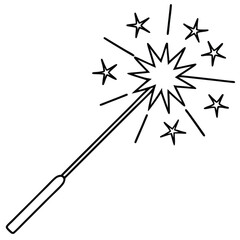 Black outline of magic wand with starburst and stars on white background.