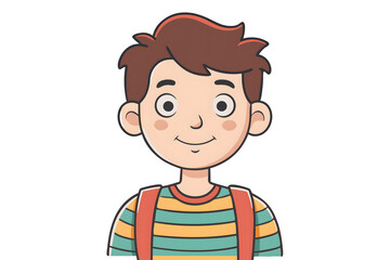 Obraz premium A cheerful cartoon boy with tousled brown hair, big expressive eyes, and a bright smile, wearing a colorful striped shirt with red suspenders, stands against a solid black background.