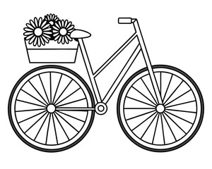 Fototapeta premium A black and white illustration of a bicycle with a basket of daisies ready for a ride.