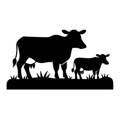 Minimalist Black and White Cow Illustration in Grass Field 