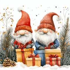 santa claus with gifts. New Year card with gnomes and gifts. Santa's helpers, Christmas picture, vector, gnomes on the background of snow and Christmas trees sitting with gifts