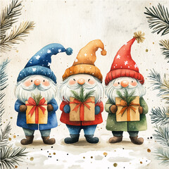 santa claus with gifts. New Year card with gnomes and gifts. Santa's helpers, Christmas picture, vector, gnomes on the background of snow and Christmas trees sitting with gifts