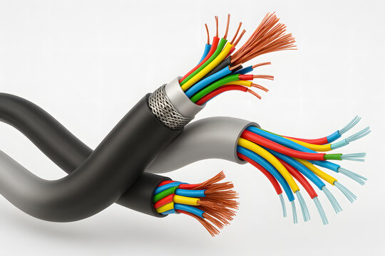 Close-Up Image of Electrical Cables with Exposed Copper Wires Highlighting Safety and Connection Elements