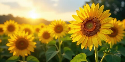 Fototapeta premium A field of vibrant sunflowers in full bloom, their faces turned towards the sun, with a close-up of ripe sunflower seeds Perfect for nature, agriculture, and healthy food themes , healthy, outdoor