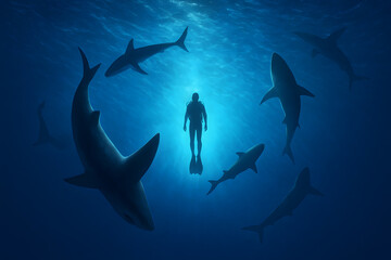 Obraz premium Underwater Diver Floating Among Multiple Sharks in the Deep Ocean Illustrating Adventure and Danger