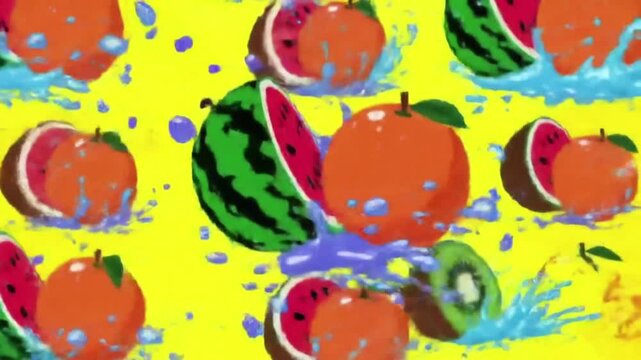 Cartoon-style fruits like watermelon, oranges, and kiwi splashing in bright juice, summer energy, colorful and juicy loop