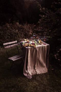 Rustic outdoor snack table with fruits and wine