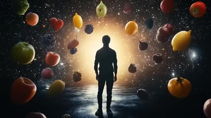 Culinary Cosmos: Man Contemplates Abundance of Fruity Delights in Dreamlike Space - Powered by Adobe