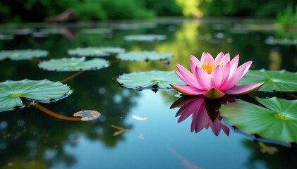 Water lilies and blossoms create a natural floral pattern on a still lake, calm, beauty