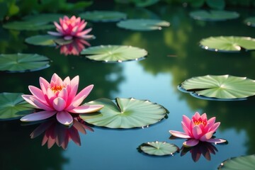 Water lilies and blossoms create floral pattern on lake , aquatic flowers, water, reflection