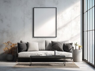 Bright minimalist living room with neutral sofa and vertical blank poster frame, ideal for mockups, interior previews, or modern design content with space for branding