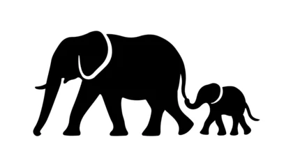 Fotobehang Olifant A silhouette of elephant with calf walking On white background. A walking family of elephant.  © ZamStock