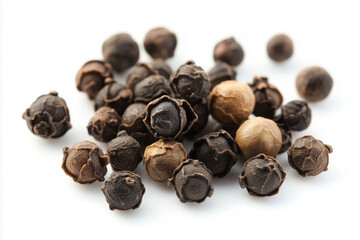 Obraz premium various types of whole peppercorns and other kitchen spices sprinkled in great detail on a white background