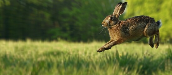 Obraz premium Brown hare leaping across green field.