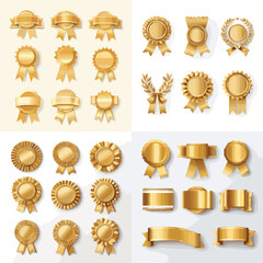 Elegant Awards Collection: A collection of intricately designed gold medals, badges, and ribbons exuding a sense of sophistication and achievement. perfect for representing success and high quality.