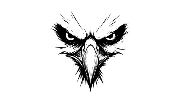 A silhouette of angry eagle face close-up or fierce bird head tattoo On white background
