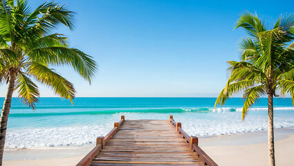 Serene Tropical Beach Scene Wooden Dock Leading to Turquoise Ocean