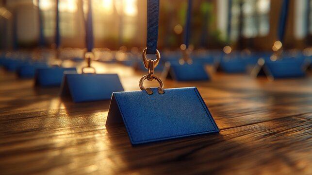 Blank blue name tags on a wooden table, sunlight