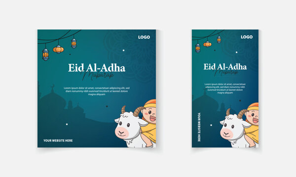Eid al Adha Islamic festival social media banner and post template design with cute sheep, stars