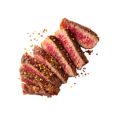 Grilled and sliced beef steak with rosemary isolated on a transparent background.