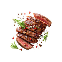 Grilled and sliced beef steak with rosemary isolated on a transparent background.