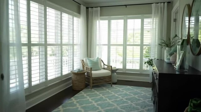 Bright Interior Room Reveal with White Shutters and Fiddle Leaf Fig Tree