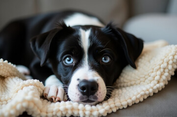A domesticated canine resting on a soft blanket, featured in monochrome tones