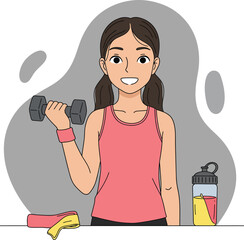 Young woman exercising with dumbbell and sports bottle fitness and healthy lifestyle illustration 