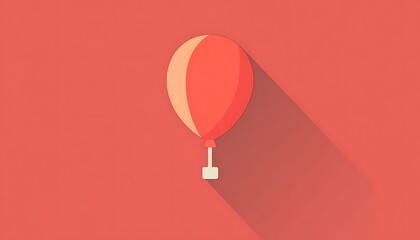 A single coral balloon with a long shadow floats against a matching background