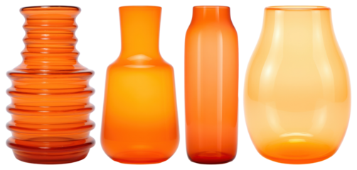 PNG Four orange glass vases in various shapes and sizes element set on transparent background.