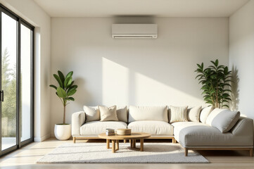 Fototapeta premium A modern living room with a comfortable couch, coffee table, and air conditioner