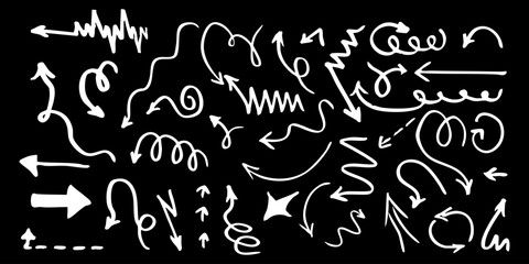 Crayon arrow sketches collection - hand drawn doodle style pointers, curved lines, round swirls. Chaotic scribbling, artistic design elements set. Black grunge brush strokes isolated on white bg