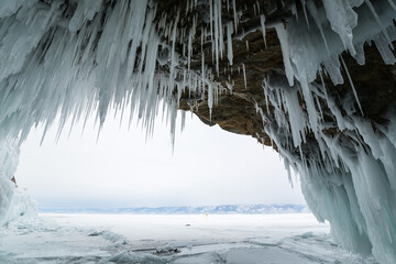 Ice cave on island Olkhon at Baikal Lake