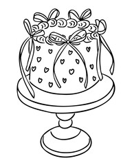 Wedding cake with heart decorations and bows on a stand hand drawn in outline style. Symbolizes celebration, love and festive ceremony concept.