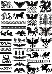 Heraldic Beasts: A collection of black and white vector heraldic beast drawings, featuring mythical creatures, dragon, snake and eagle in various poses, emblems and shields.