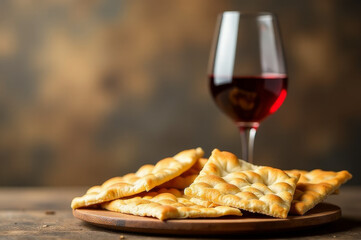 A plate of crackers and a glass of wine, a simple snack setup