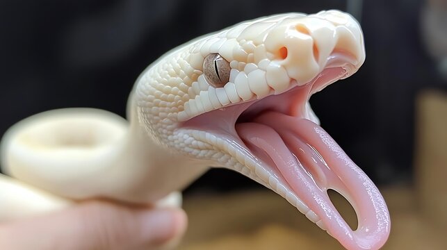 Albino Ball Python exhibits its open mouth and tongue in a macro portrait