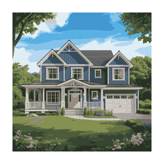 Obraz premium Two story blue house showcases a covered porch and attached garage on a grassy yard