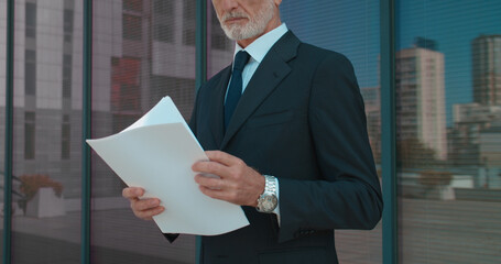 Financial advisor analyzing report, holding documents, banker reviewing contract