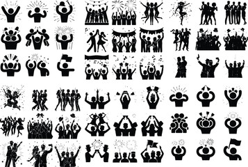 New Year Celebration Crowd Silhouette Set – Party Vector Bundle Happy New Year Crowd Silhouettes – Festive People Vector Collection