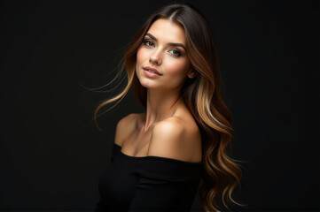 Naklejka premium A beautiful young woman with long brown hair sitting or standing, possibly in a studio setting